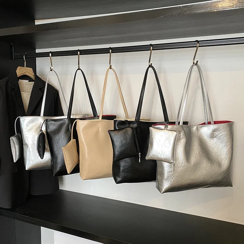 Quality Soft Leather Handbag Tote Simple Commute Bag Silver Lady Underarm Handbag Large Capacity Shoulder Bag With Coin Purse