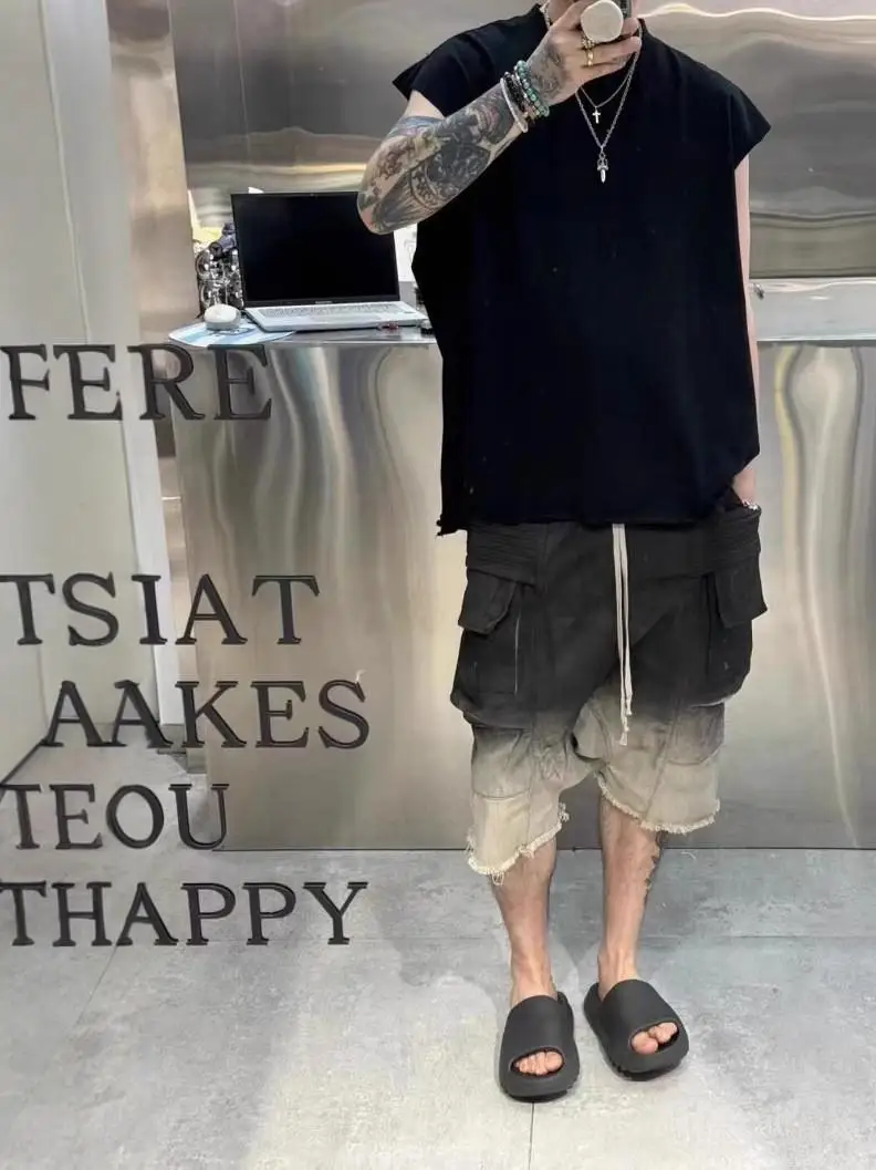 High Street 24SS RO Dark Shorts Men's Gradual Color  Wash Water Loose Double Loop Hanging Shorts Five Quarter Pants Haren Pants