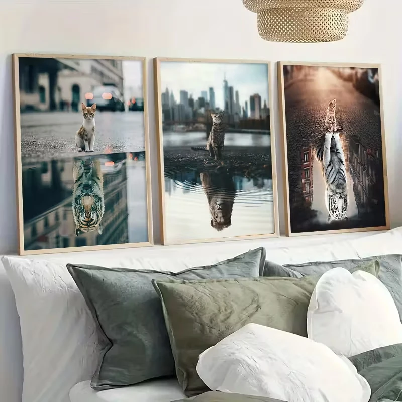 

3pcs Animal and City Reflection Canvas Wall Art, Cat and Tiger Reflection Living Room, Game Room, Bedroom, Wall Home Decoration