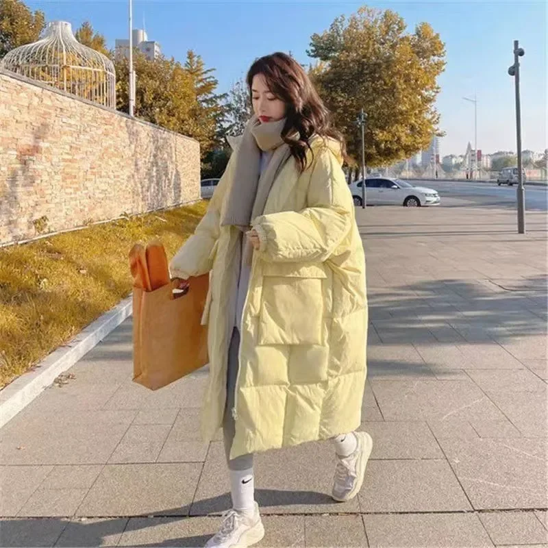 

New Streetwear Women's Jacket Winter Solid Loose Zippers Big Pockets Hooded Long Down Jacket Thicken Warm Coat Women Clothing