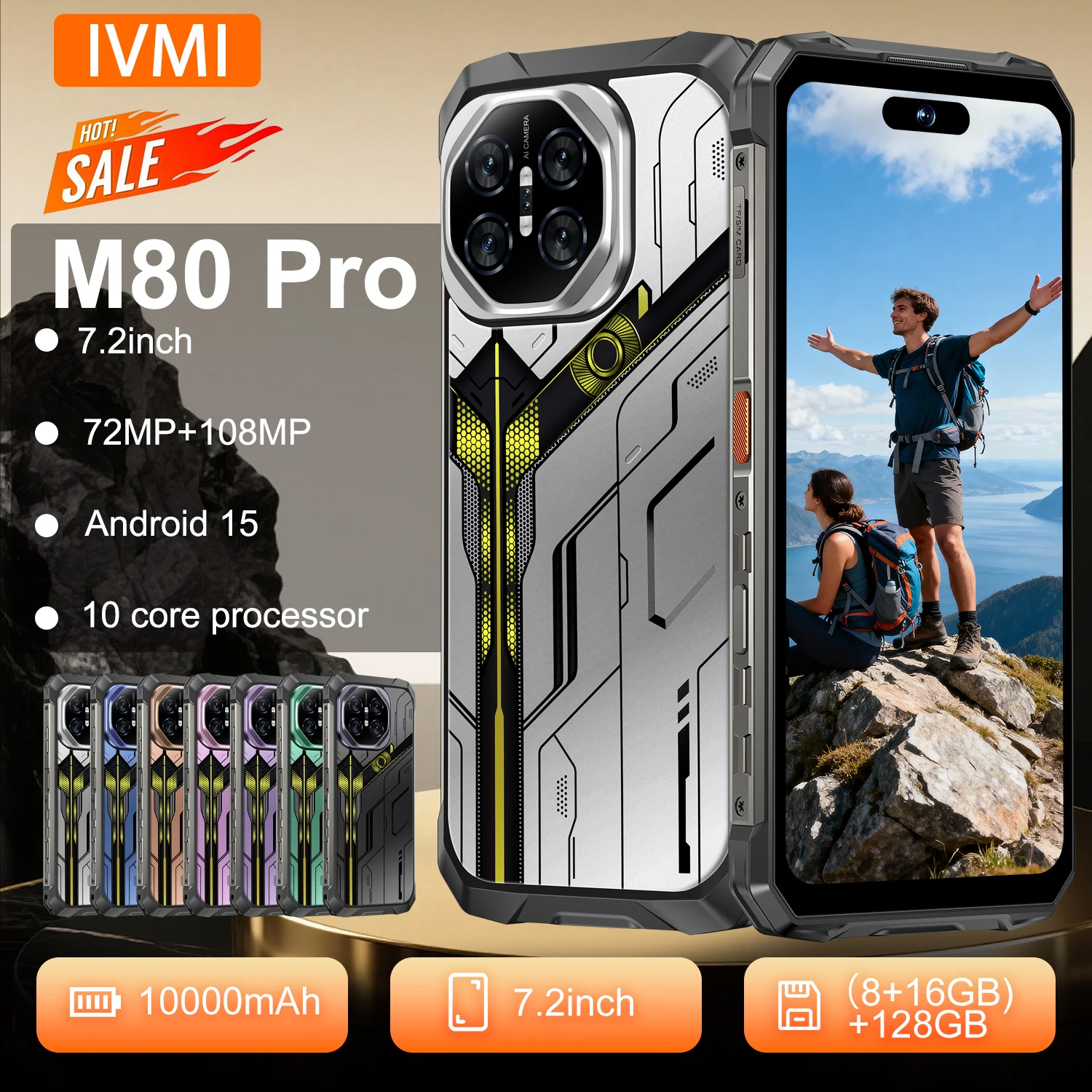 IVMI Global Durable M80 Pro Rugged Smartphone 24GB+128GB RAM 7.2-inch Android 15 108MP Camera 10000mAh Waterproof Mobile Phones