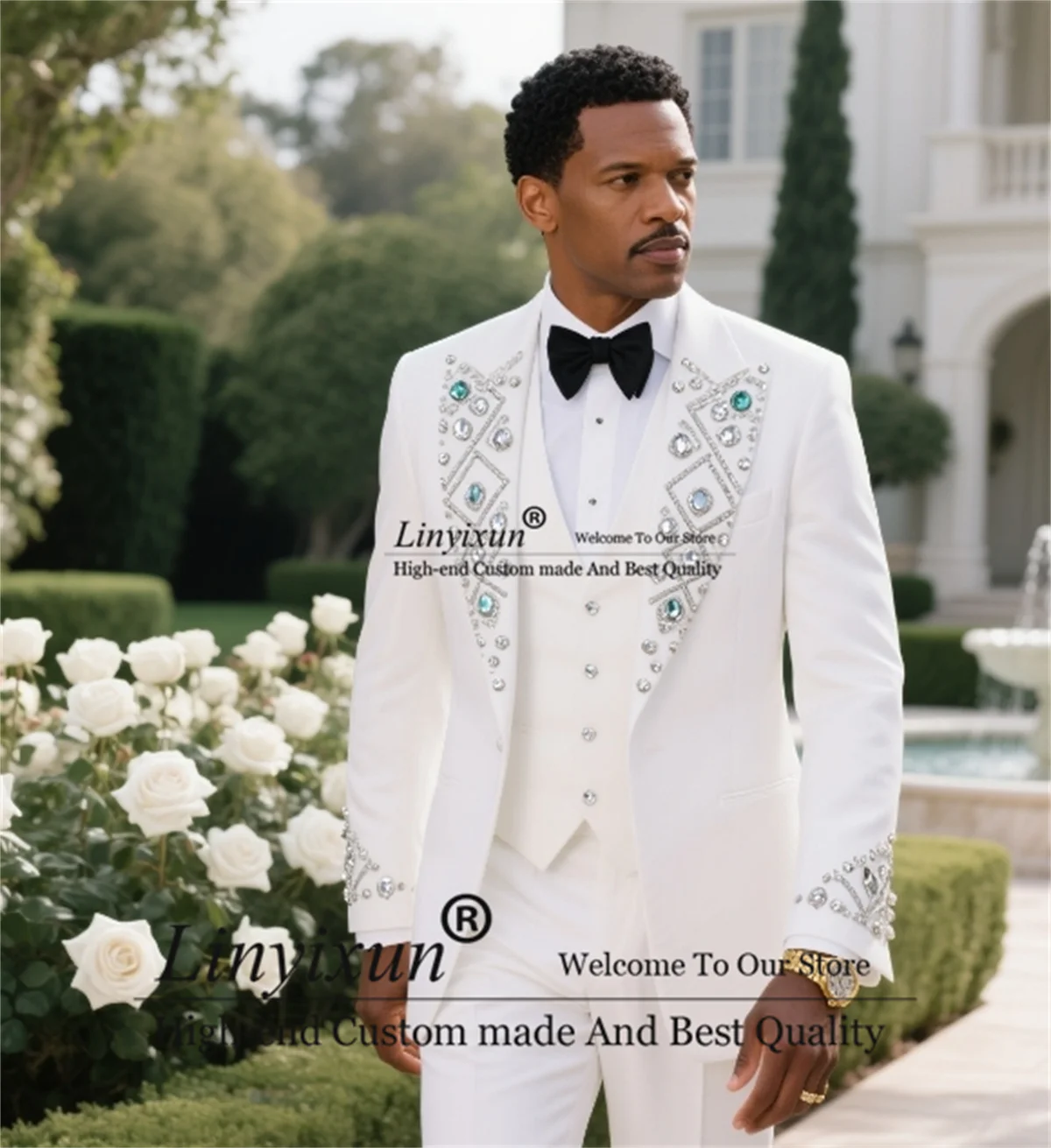 

Sparkly Gem Crystals Beaded Tuxedos Men Suit 3 Pieces Sets Groom Wedding Costume Homme High End Slim Male Party Prom Blazers