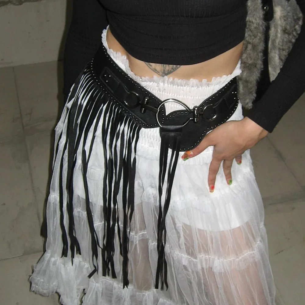 과장된 합금 리벳 벨트 빈티지 청바지 장식 태슬 허리띠 PU 가죽 블랙 펑크 벨트 허리 액세서리