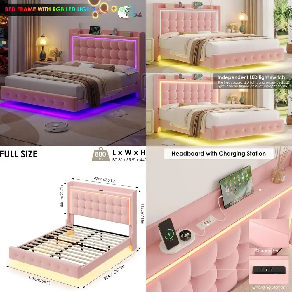 

Pink Velvet Button-Tufted Floating Bed with RGB LED Lights, Storage and USB Charging Ports, No Box Spring Needed