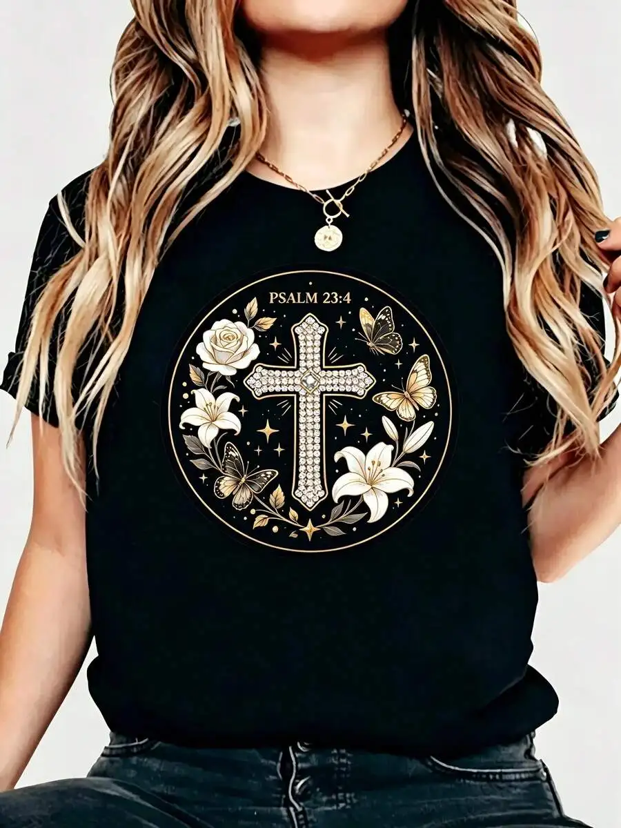 Women's Crew Neck Short Sleeve Graphic T-Shirt, Floral Cross Psalm 23:4 Print, Summer Casual Wear, Faith Inspired Gift For Christian Women Tops For Ladies