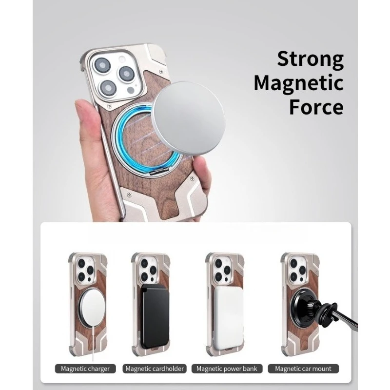 360°Rotating Ring Stand Walnut Wood Metal Frameless Magnetic Heat Dissipation Phone Case for Iphone16 15 14 13 Pro Max - Image 4