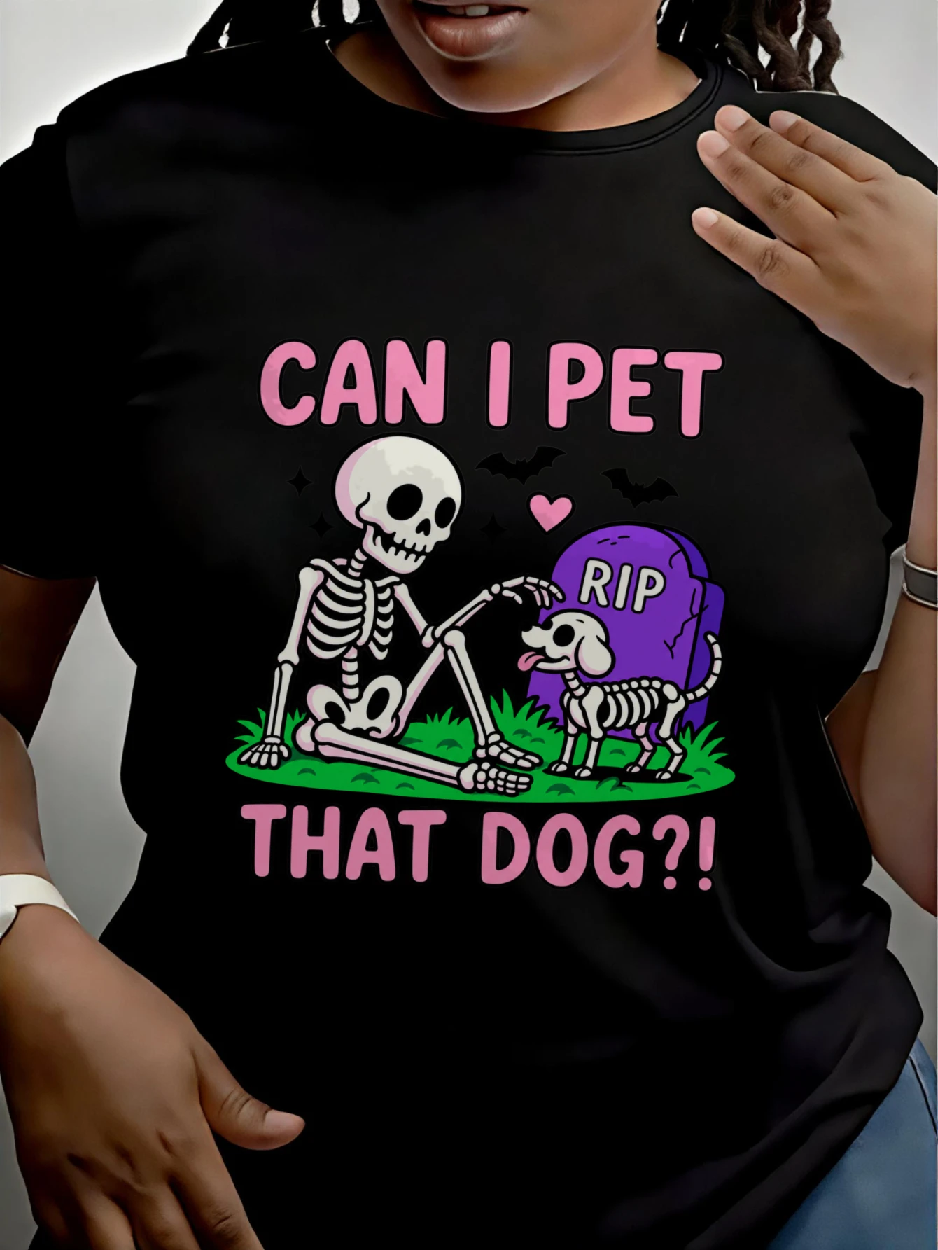Women's Crew Neck Short Sleeve T-Shirt Can I Pet That Dog Skeleton and Puppy Graveyard Theme Print Graphic T Shirt Clothes Femme