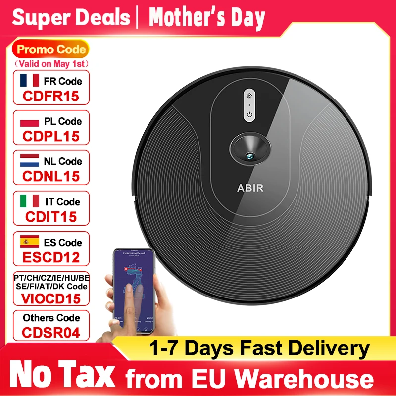 Aspirateur robot ABIR X6PRO avec système oculaire intelligent, aspiration 6000pa, mur virtuel logiciel, nettoyage de zone, désinfection par nettoyage humide, mémoire de carte, compatible avec Alexa,