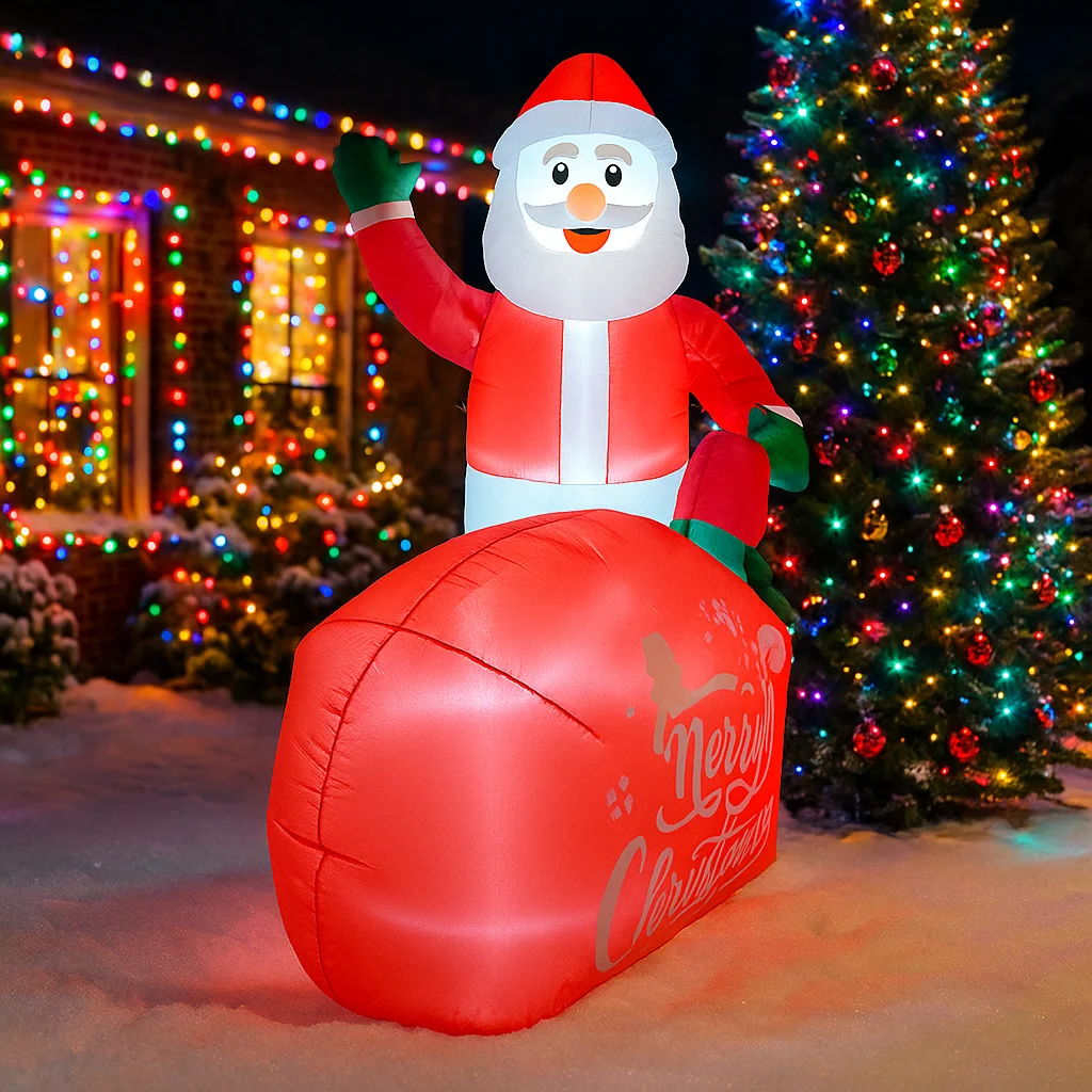 6피트 크리스마스 장식품, 선물 가방에 산타클로스가 들어있는 풍선 장식품, LED 장식이 있는 집 마당 장식품, 크리스마스 야외 장식 장난감