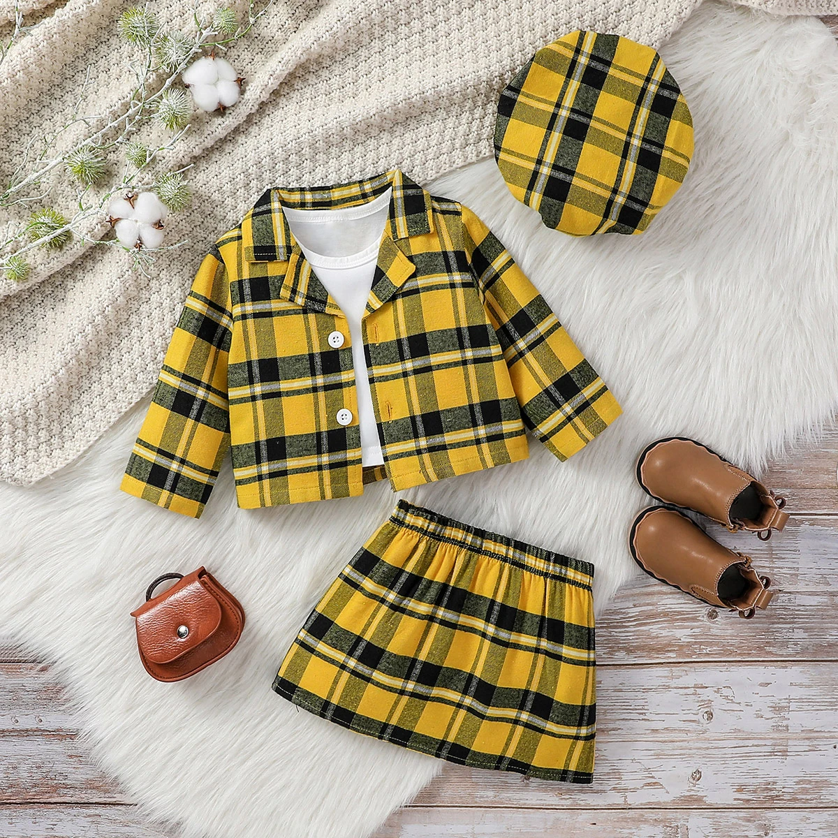 3Pcs Baby Girl Fall 2024 Fashion Plaid Long Sleeve Jacket & Skirt For Streetwear Vacation Set Clothing +Hat