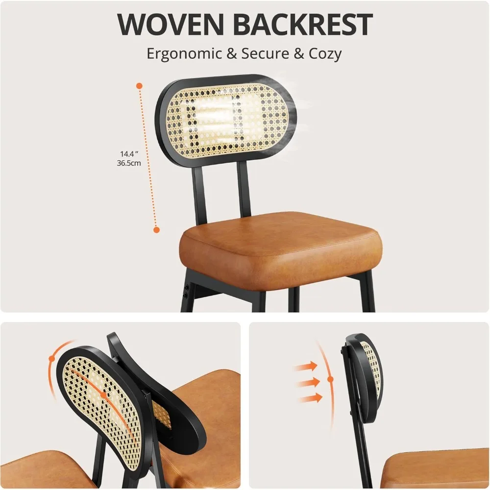 30" Barhocker in Thekenhöhe (2er-Set): Modernes PU-Leder, Rattan-Rückenlehne, breiter Sitz