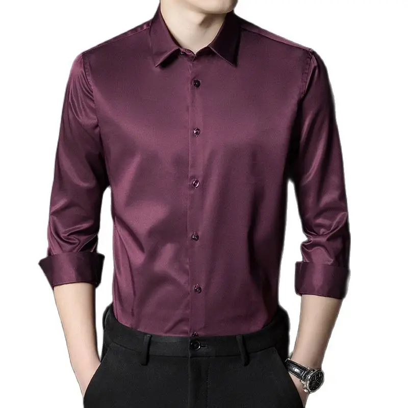 

Parklees Wine Red Silk Satin Mens Shirt 2022 Brand New Smooth Solid Tuxedo Shirts Party Nightclub Slim Fit Shiny Chemise Homme