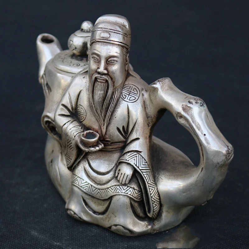 Silver-plated White Copper Stump Teapot Antique Chinese Wine Pot Creative Tree-Root Kettle Zen Home Decor Collection Gift