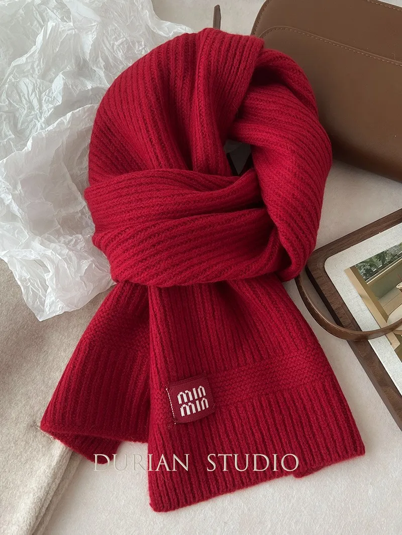 2024 new Korean version of Angora red soft waxy high appearance level knitted scarf with wool all matching solid color bib winte