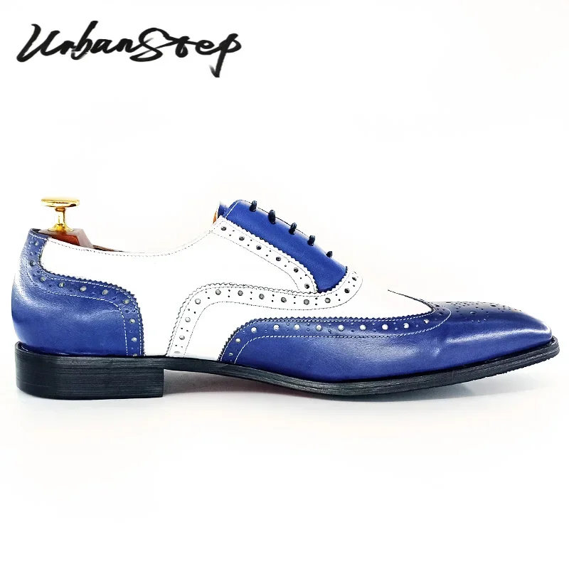 Sepatu OXFORD pria, sneaker kasual BROGUE biru MIXE, kantor bisnis pernikahan bertali kulit pria