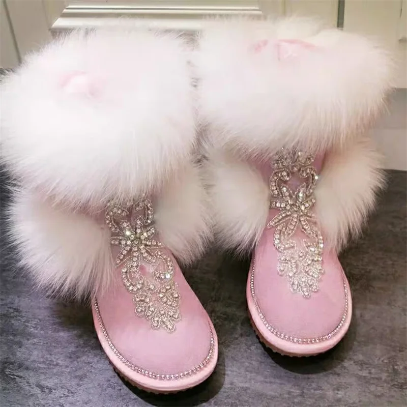 Fox hair boots Handmade custom winter rhine-diamond plus fleece warm boots beaded fur boots women\'s large size 35-44