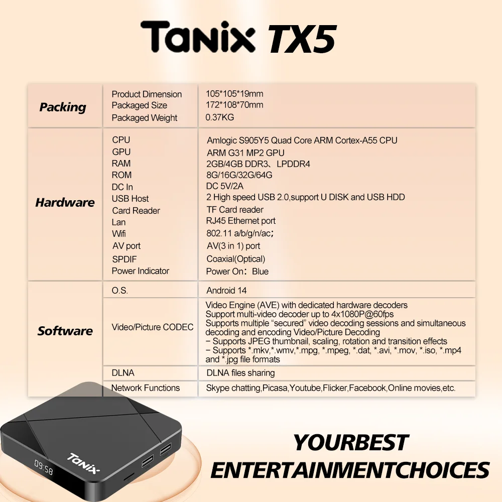 Tanix TX5 Android 14 TV Box Amlogic S905Y5 4G 32G/64G 2.4G&5G Dual Wifi 4K Smart Set Top Box AV1 3D BT Streaming Media Player