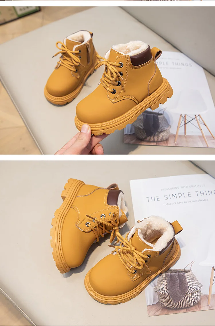 Neue Kinder-Mode-Stiefel, Winter, verdickte, rutschfeste, warme Lederstiefel für Jungen und Mädchen, seitlicher Reißverschluss, einfarbig, Freizeitschuhe für Kinder – Detail 9