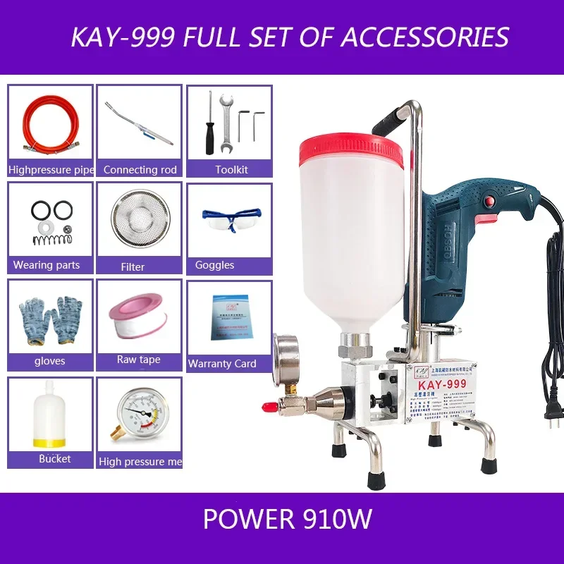 For 910W Injection Pump Epoxy/Polyurethane Grouting Liquid Leakage Tool KAY-999 High Pressure Waterproof Grouting Machine