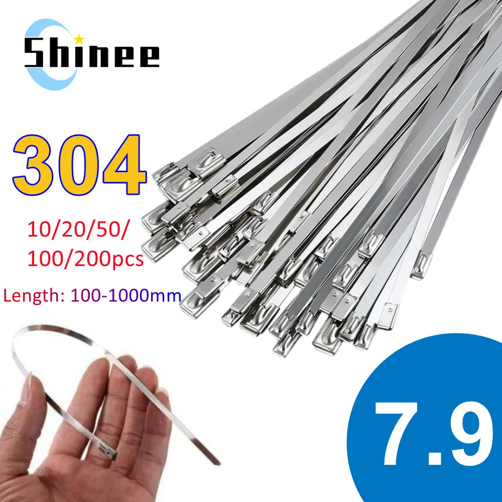 10 20 50 100 Pcs 7.9mm 0.31 inch Ball self locking 304 Stainless Steel Cable Ties Exhaust Wrap Coated Locking Metal Zip-Exhaust