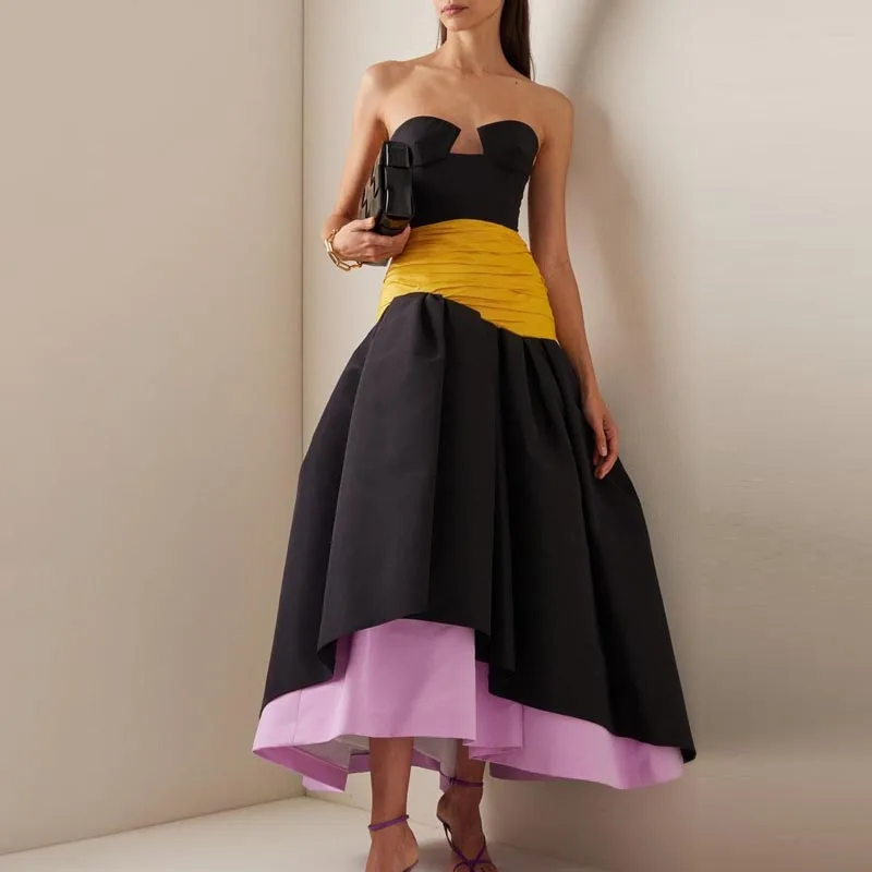 Strapless A-line Women Clothing Ankle Length Dresses For Women 2022 Open Back Black Satin Prom Dress With Zipper