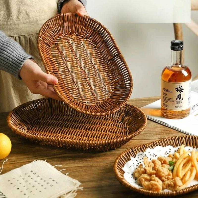 Tablett im Korbgeflecht-Stil, Obst- und Brotkorb, Aufbewahrungskorb für Zuhause, Nüsse, Nachmittagstee, Gebäck, Snackteller
