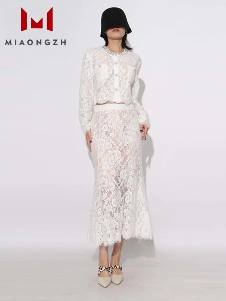 

Fashion White Two Piece Set For Women O Neck Long Sleeves Single Breasted Top + High Waist Mini Skirt Female New Lace Sets 2025