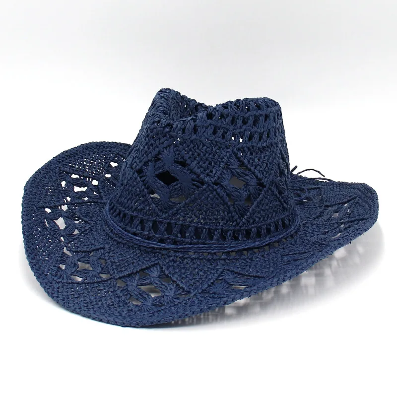 Straw Western Cowboy Hat for Women Men Classic Vintage Hollow Out Unisex Curled Wide Brim Sun Hat Fishing Hat Climbing Cap image 3