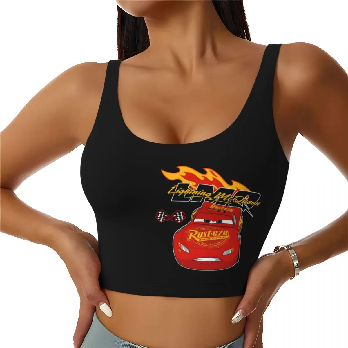 

Custom High Impact Retro Lightning McQueen Car Sports Bra for Women Cartoon Gym Workout Yoga Crop Top