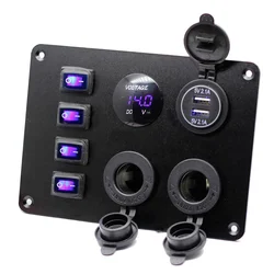 4 Gang Rocker Switch Panel with USB Charger Voltmeter Waterproof 12V-24V DC Rocker Switch with 4.2A Dual USB Charger and Night
