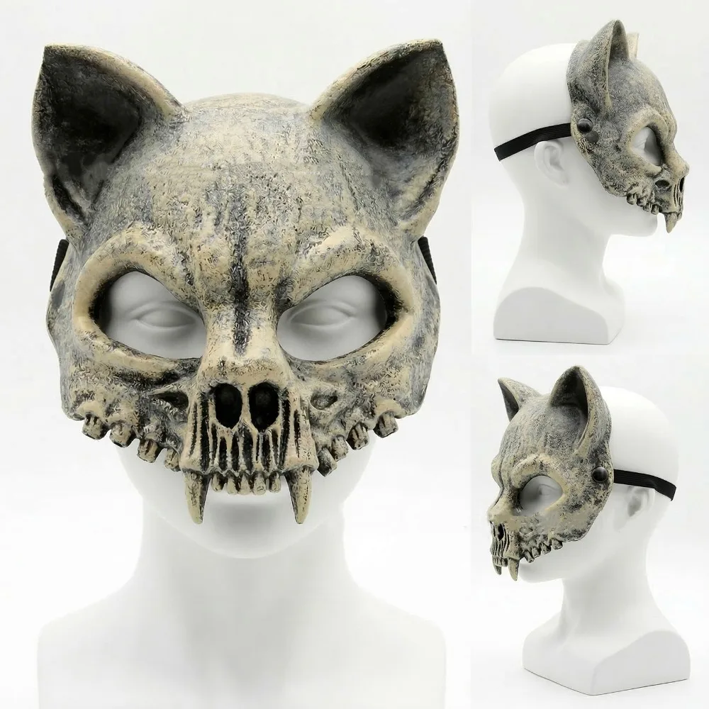 Skull Cat Mask Skeleton Full Face Animal Skull Mask Realistic Scary Head Mask for Masquerade Carnival Prom Cosplay Party Props