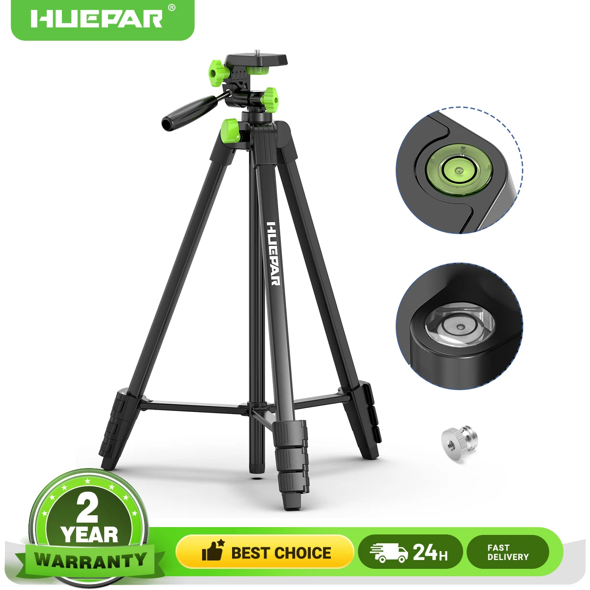 HUEPAR 1.52M Laser Level Tripod Stand with 360° Pan Head & Bubble Level - Adjustable Tripod for Laser Level, Camera, Laser Meter