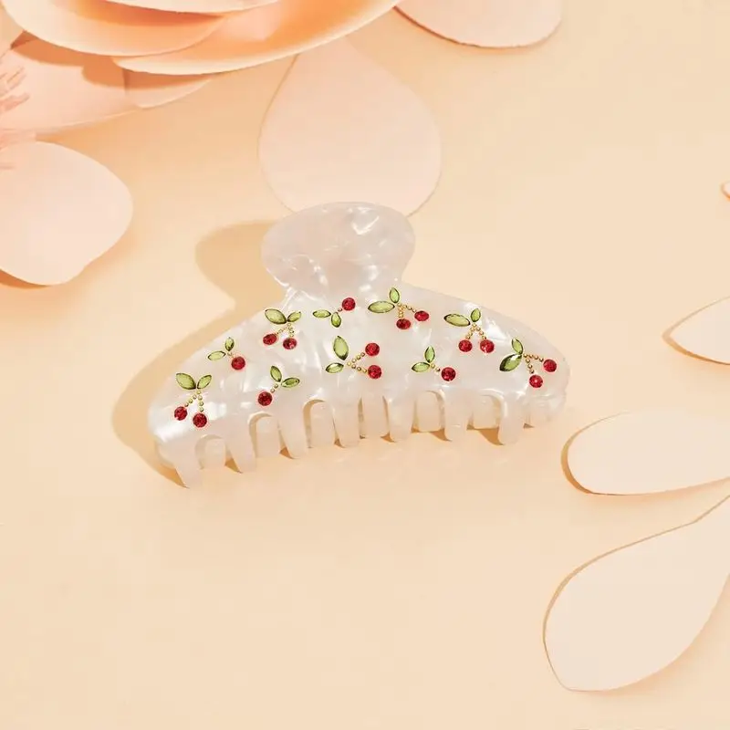 1 buah jepit rambut ceri, berhiaskan berlian imitasi, bertemperamen manis, retro, kemewahan ringan, untuk rambut kepang, jepit rambut model shark, aksesori rambut kecil dan segar