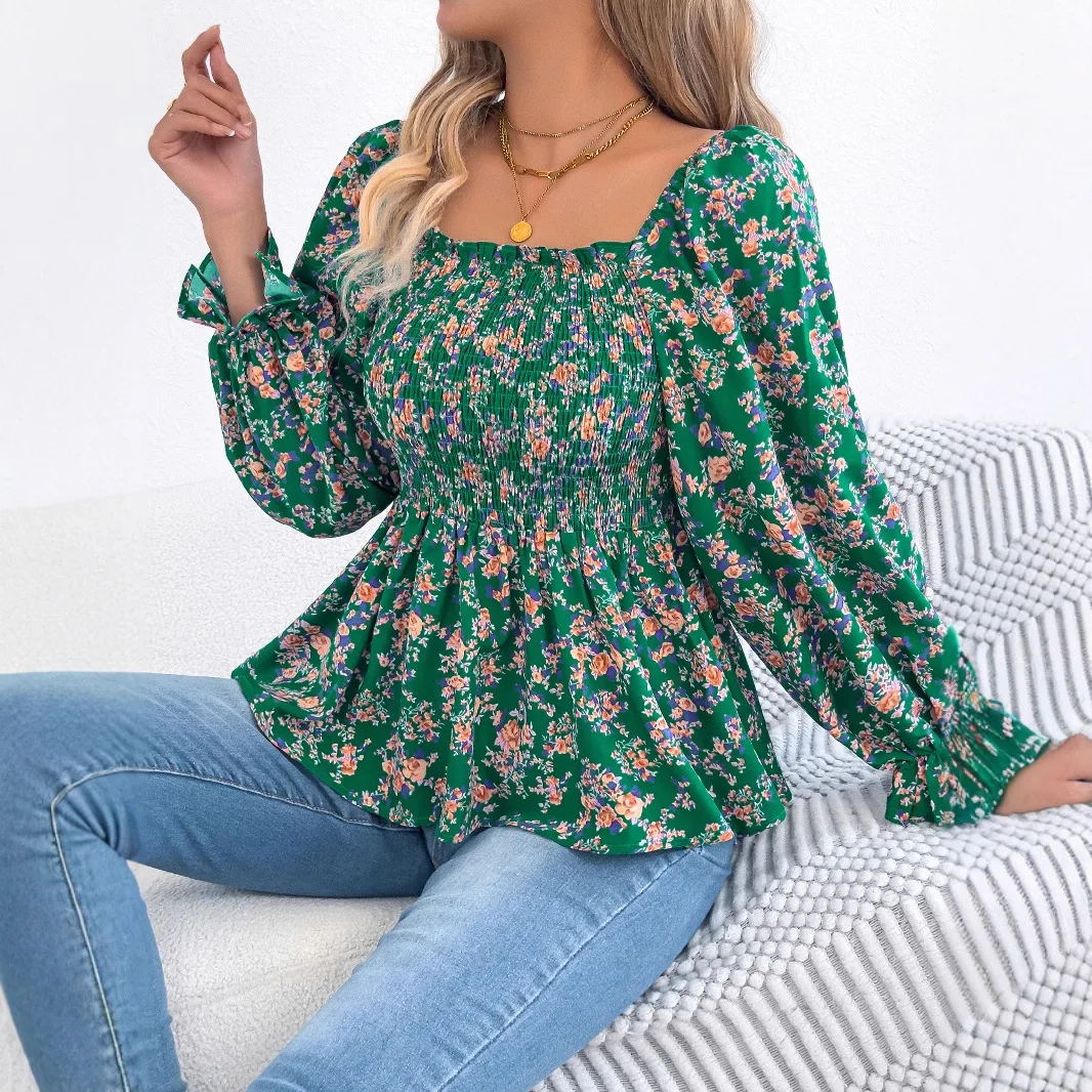 Women Spring Summer Chiffon Blouse and Shirts Long Sleeve Sequre Collar Floral Printing Shirt Tops blusas