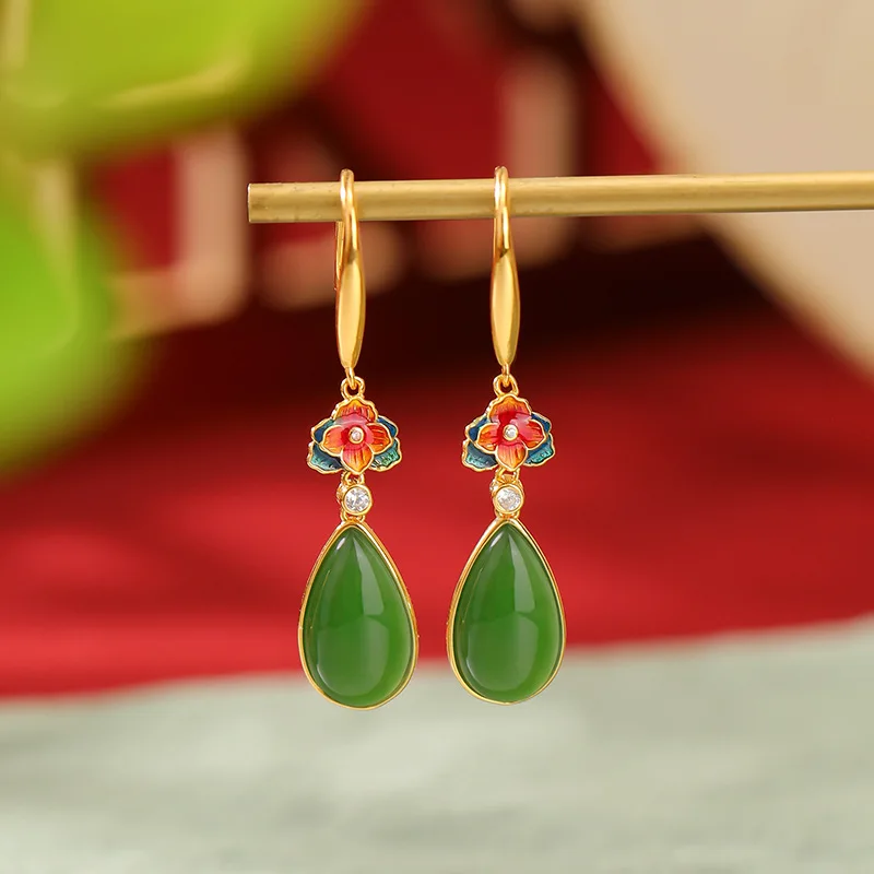 S925 Sterling Gold-Plated Hetian Jade Vintage Enamel Flower Drop Earrings With Silver Ear Hooks