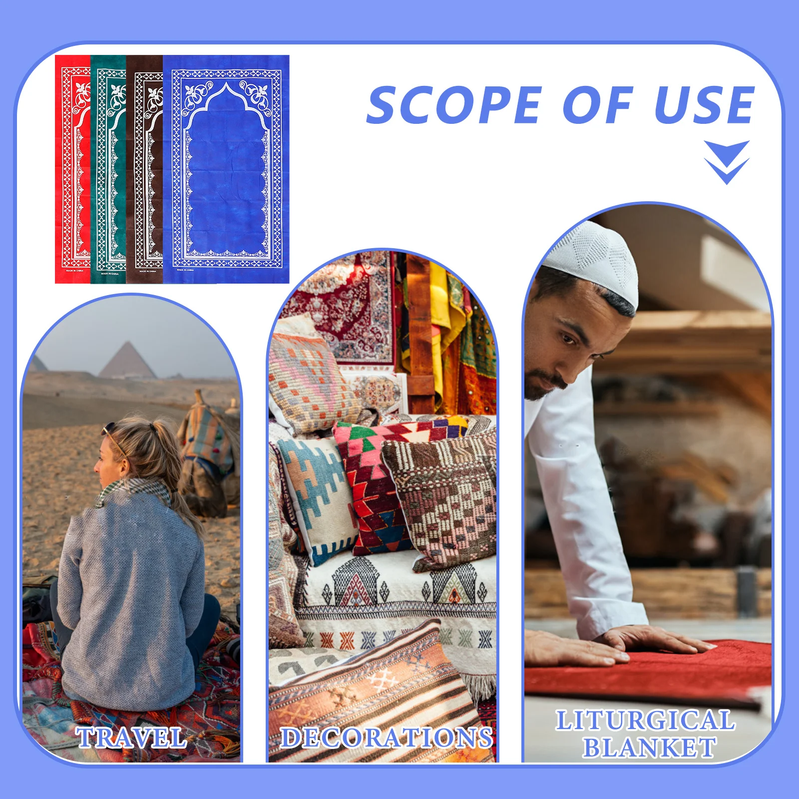 4 قطع سجادة صلاة محمولة بتصميم إسلامي، سجادة سفر إسلامية خفيفة الوزن لمهرجان العيد، سجادة عبادة مزخرفة، سجادة صلاة