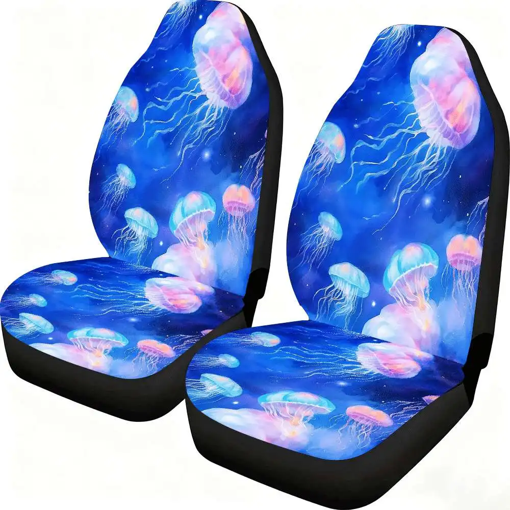 2pcs Glowing Jellyfish Ocean Car Seat Covers - High Back Design With Neon Glow-in-the-Dark Jellyfish & Glowing Ocean Life, Fit F