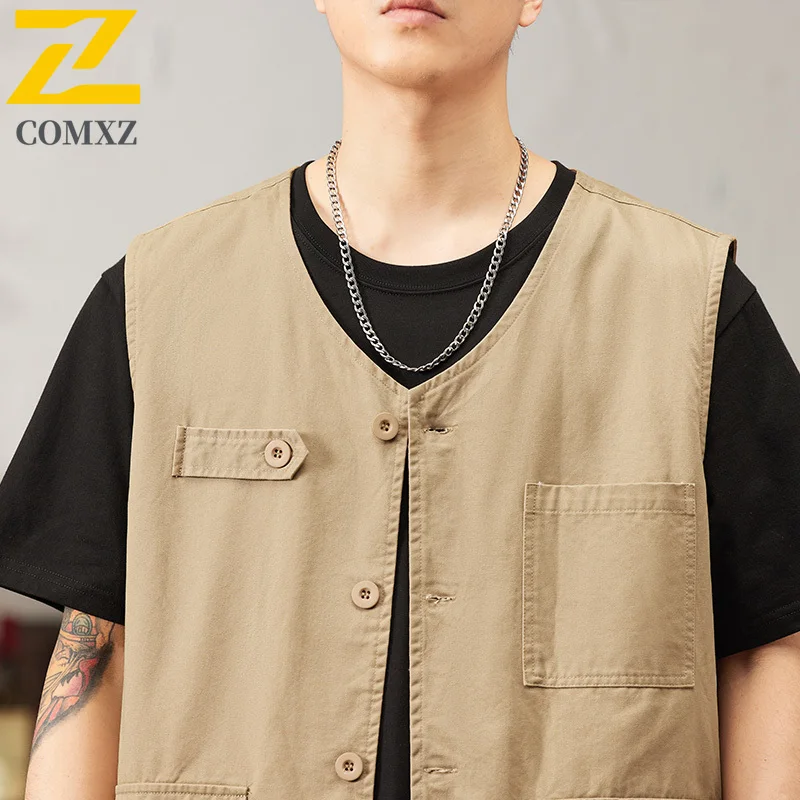 Outdoor Men's Fishing Vest Retro Tooling Style Sleeveless Vests Thin Adventure Reporter Multi-Pocket Work Loose Waistcoat 2025