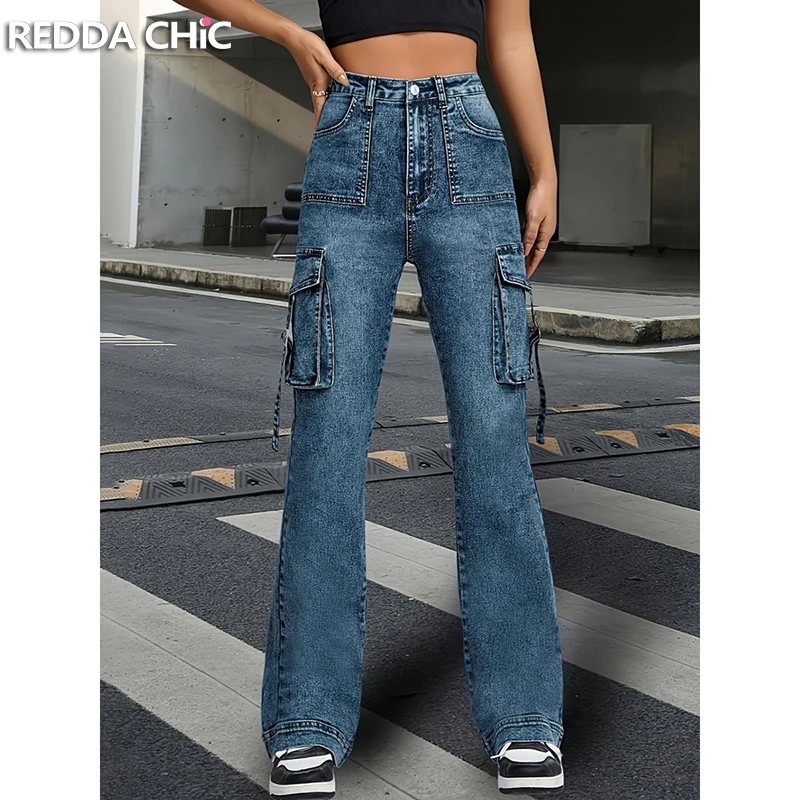 

ReddaChic Do Old Denim Cargo Pants Women Bell Bottoms Casual Tight Big Pockets High Waist Stretch Flare Jeans Retro Streetwear
