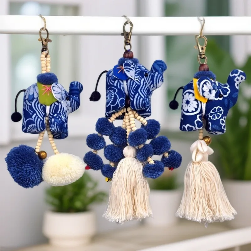 Tie Dye Fabric Elephant Keychain Boho Ethnic Cute Elephant Bag Charm with Tassel, Handmade Pendant for Handbag Backpack Key Gift
