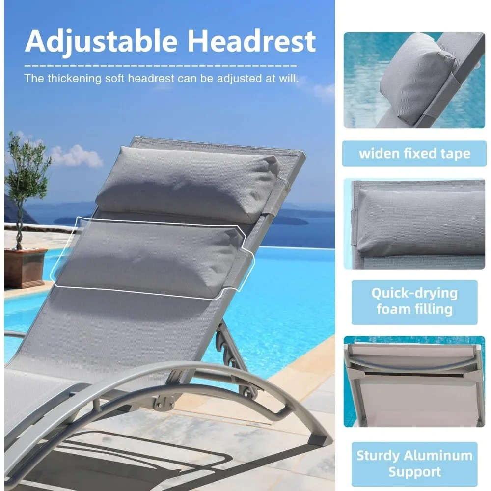 Pool Lounge Chairs Set of 3,Aluminum Adjustable Outdoor Chaise Lounge with Side Table,All Weather Poolside Chairs for Deck