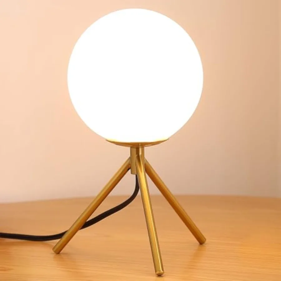 

Mid Century Modern Table Lamp - Gold Glass Globe Desk Reading Lamp - Contemporary Minimalist Brushed Brass Bedside Desk Nightst