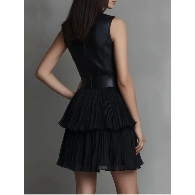 Fashion Faux Leather Splice Mini Dress Women Sleeveless High Neck Tiered Pleated Ruffle Hem Punk Clubwear Y2K Summer Dress