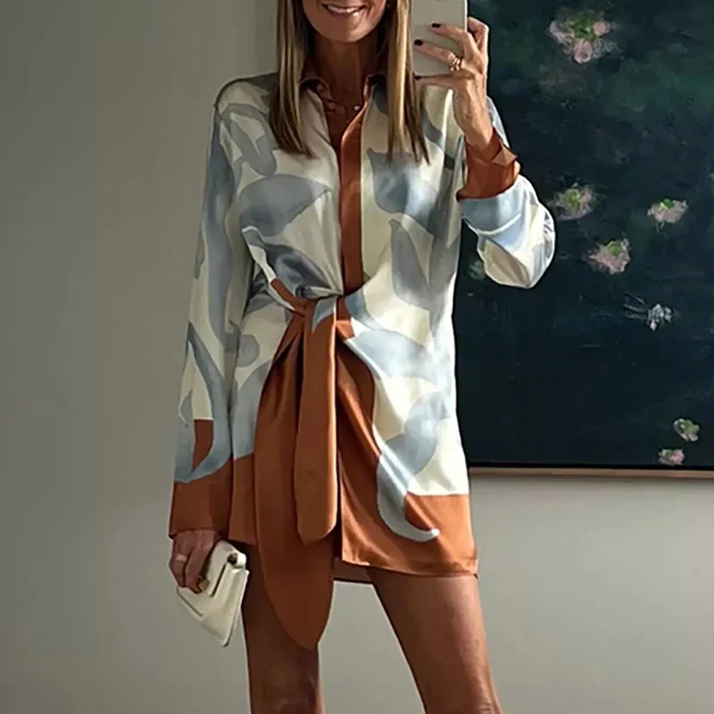 Robes de soirée décontractées à nouer pour femmes, élégantes, nouveau graphique, manches longues, ample, Mini robe pour dames, mode col à revers, chemises 2025