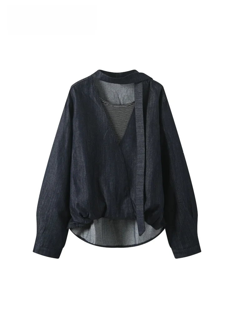 

Loose Long Sleeve V-Neck Shirt Women plus Size Spring Fashion Slimming Design Versatile Casual Cotton Top for Plump Sister