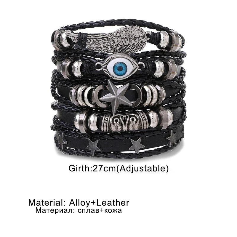 Boho Mehrschichtige Lederarmbänder, Charm-Perlen-Armband für Damen und Herren, Vintage Punk Wrap-Set – Detail 2