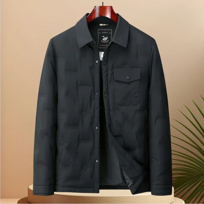 Chaqueta de plumón estilo camisa ligera para hombre, ropa corta de invierno, vestido de ganso, solapa gruesa, abrigo cálido para hombre