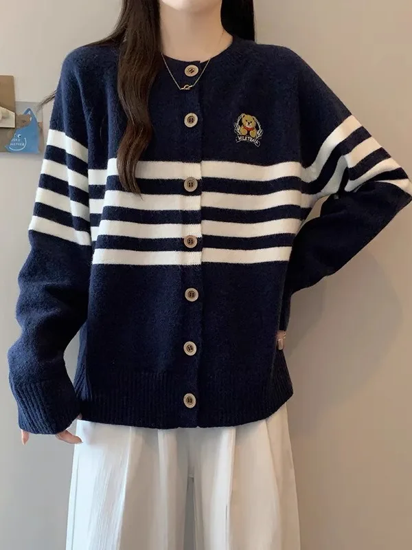 

plus Size Women's Knitted Sweater Jaet Retro Striped Cartoon Embroidery Soft Cozy Autumn Faion Outerwear High Waist Commu...