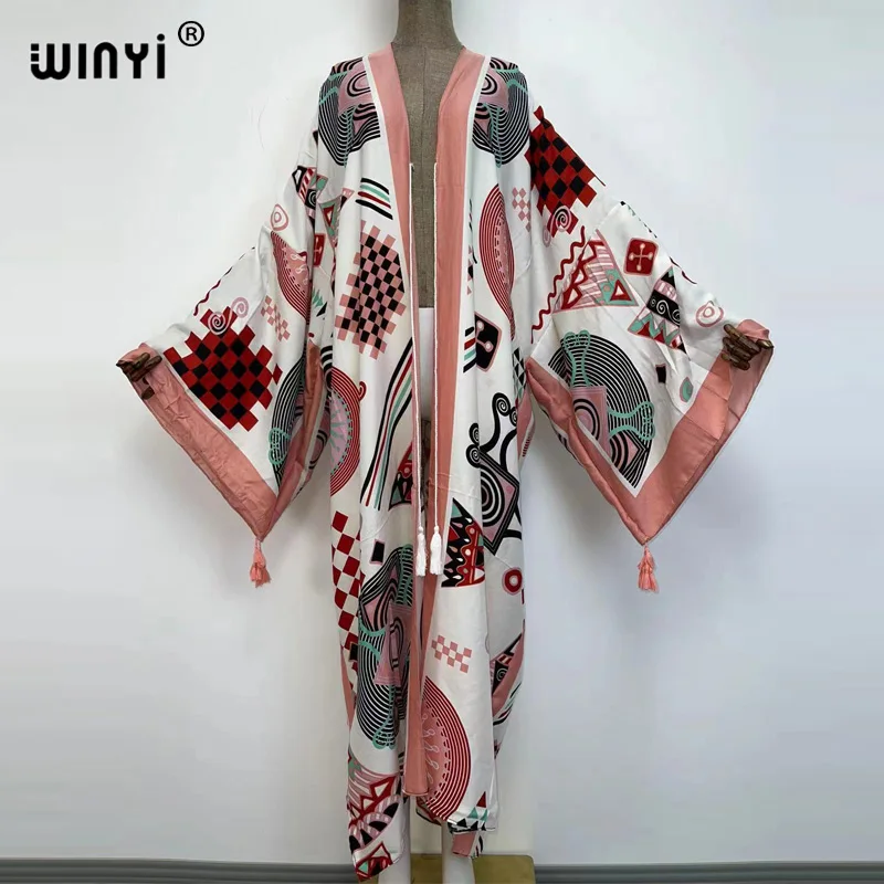 Imagem -05 - Winyi Novo Biquíni de Algodão Doce Senhora Rosa Boho Impressão Auto com Cinto Frente Aberta Longo Kimono Vestido Praia Túnica Vestido Bodycon Feminino Vestidos 2023