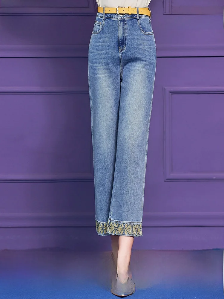 

Blue High Waist Straight Leg Jeans Women's Summer Vintage Slim Fit Wide Leg Pants Fashionable Casual Trousers